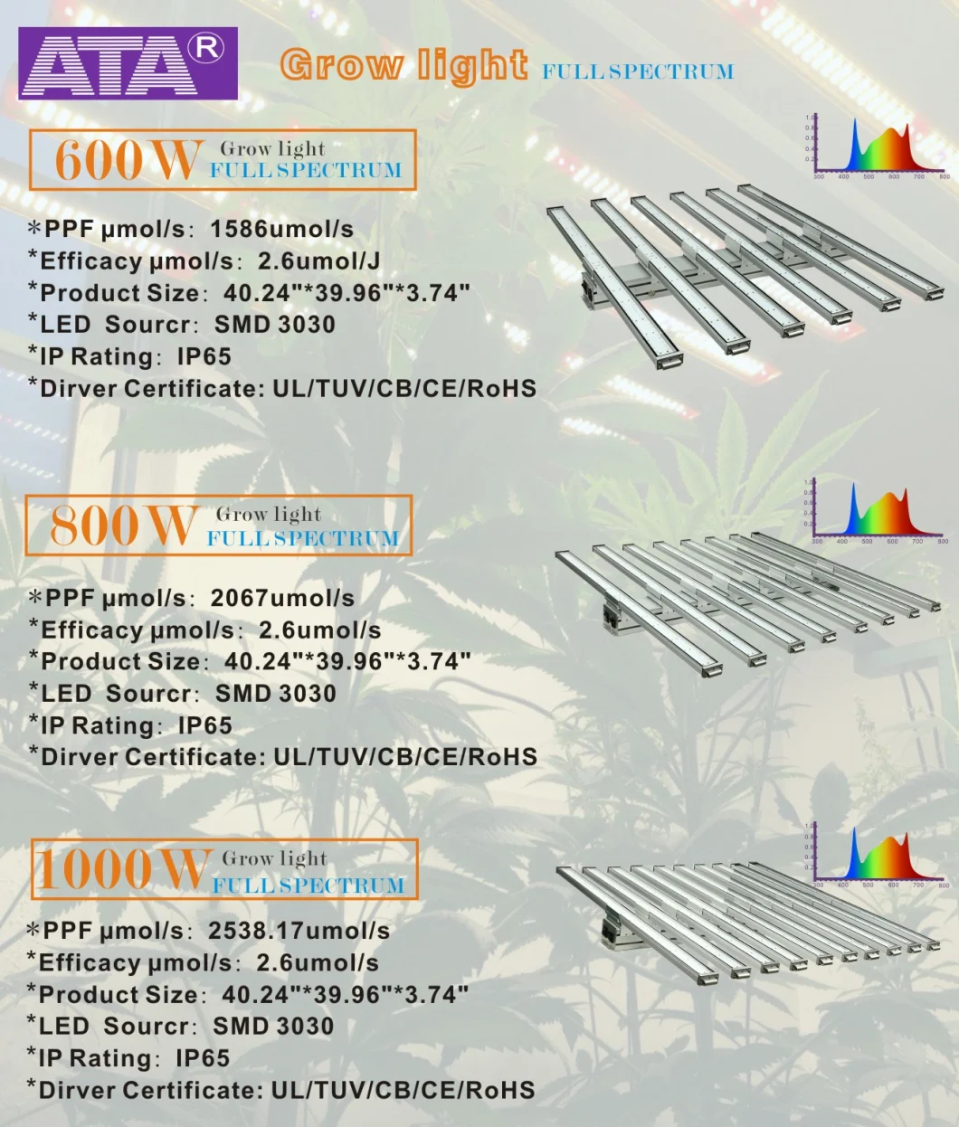 50W/75W/80W/100W/150W/300W/400W/450W/500W/600W/650W/700W/800W/900W/1000W/1200W/1500W COB/SMD LED Grow Light